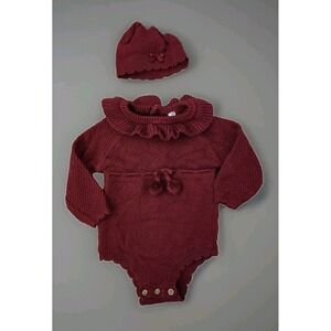 Knit set 9 months Burgundy Knit Ruffle Bubble Romper‎ with Hat EUC